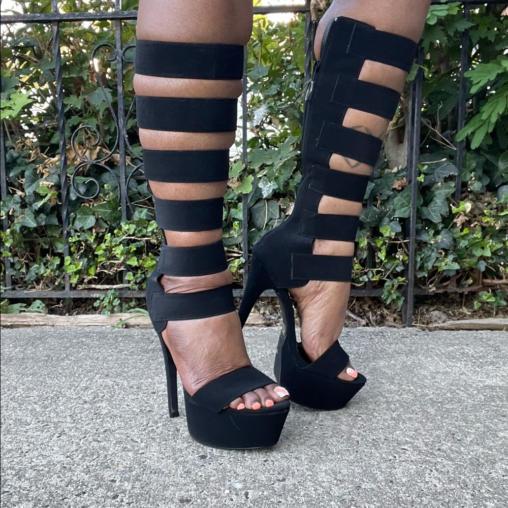 Turn Up 10A Black Man Made Fiber platform high heels from Sheikh Shoes.